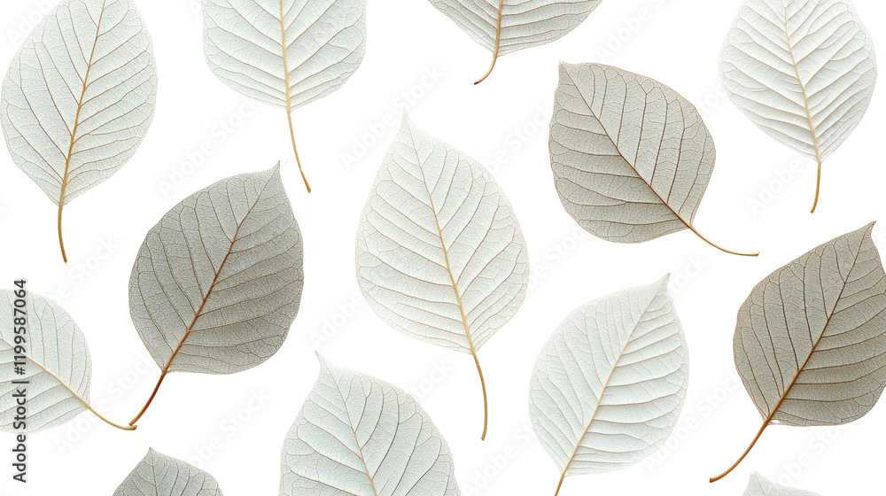 Obraz premium A collection of delicate, translucent leaves arranged artistically on a white background, ideal for design and nature-inspired projects.