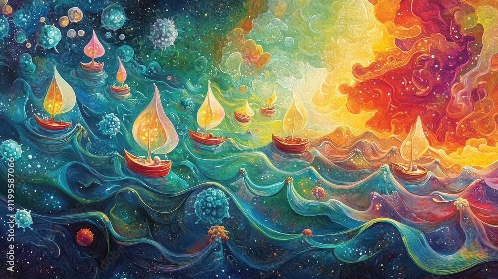 Whimsical hematopoietic stem cells depicted as tiny boats sailing through a vibrant sea of colors, glowing softly, intricate details, surreal exploration of life Whimsical hematopoietic stem cells depicted as tiny boats sailing through a vibrant sea of colors, glowing softly, intricate details, surreal exploration of life