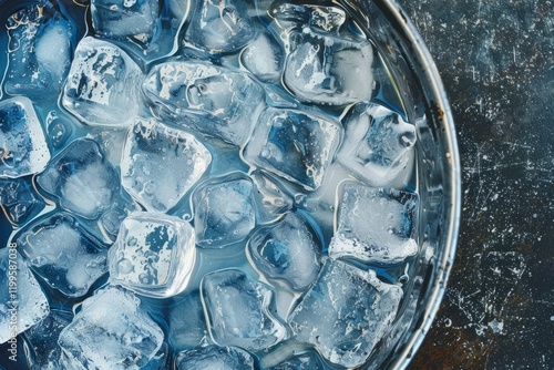 Metal bowl filled with ice cubes on a wet dark surface. Overhead view.