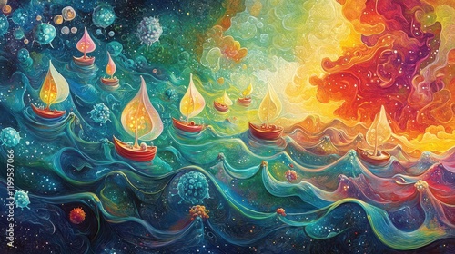 Whimsical hematopoietic stem cells depicted as tiny boats sailing through a vibrant sea of colors, glowing softly, intricate details, surreal exploration of life photo