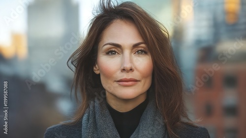 Portrait of a middle-aged woman with long brown hair and green eyes standing against a blurred cityscape. Free Download Portrait of a middle-aged woman with long brown hair and green eyes standing against a blurred cityscape. - GFXLoad