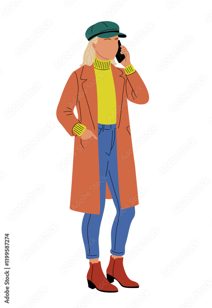 Young woman talking on mobile phone while wearing fashionable casual outwear, cap, jeans, sweater and coat. Flt colorful vector illustration isolated on transparent background Young woman talking on mobile phone while wearing fashionable casual outwear, cap, jeans, sweater and coat. Flt colorful vector illustration isolated on transparent background
