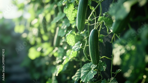 A trellis covered with climbing cucumber vines