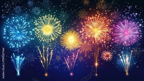 Colorful fireworks on night sky background. Celebration and holidays concept. Independence Day 4th of July, New Year, festival. Bright explosions of lights in sky. Place for your text.