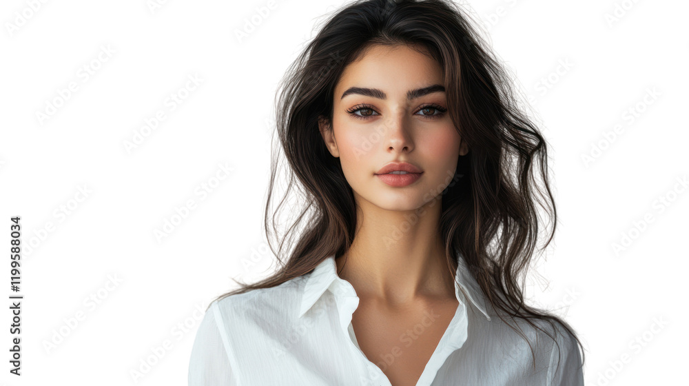 Portrait of a confident young woman with long hair, wearing a crisp white shirt on a white background, embodying beauty and self-assurance. Portrait of a confident young woman with long hair, wearing a crisp white shirt on a white background, embodying beauty and self-assurance.