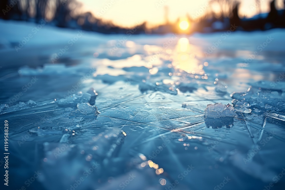 Close-up view of cracked ice surface with sparkling ice crystals at sunset. Blurred background with warm light reflection. Close-up view of cracked ice surface with sparkling ice crystals at sunset. Blurred background with warm light reflection.