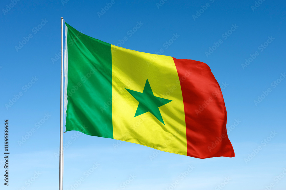 Waving Senegal flag, national symbol, blue sky Waving Senegal flag, national symbol, blue sky