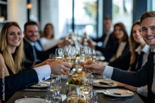 Professionals celebrating a successful corporate event with champagne. photo