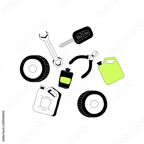 Collection of Auto Repair Tools in Flat Vector Illustration Symbolizing Car Maintenance, Vehicle Repair, and Garage Services, Isolated on White Background