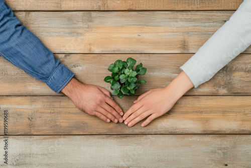 Two hands reach out towards a small green plant on a wooden surface, symbolizing growth, connection, and nature. photo