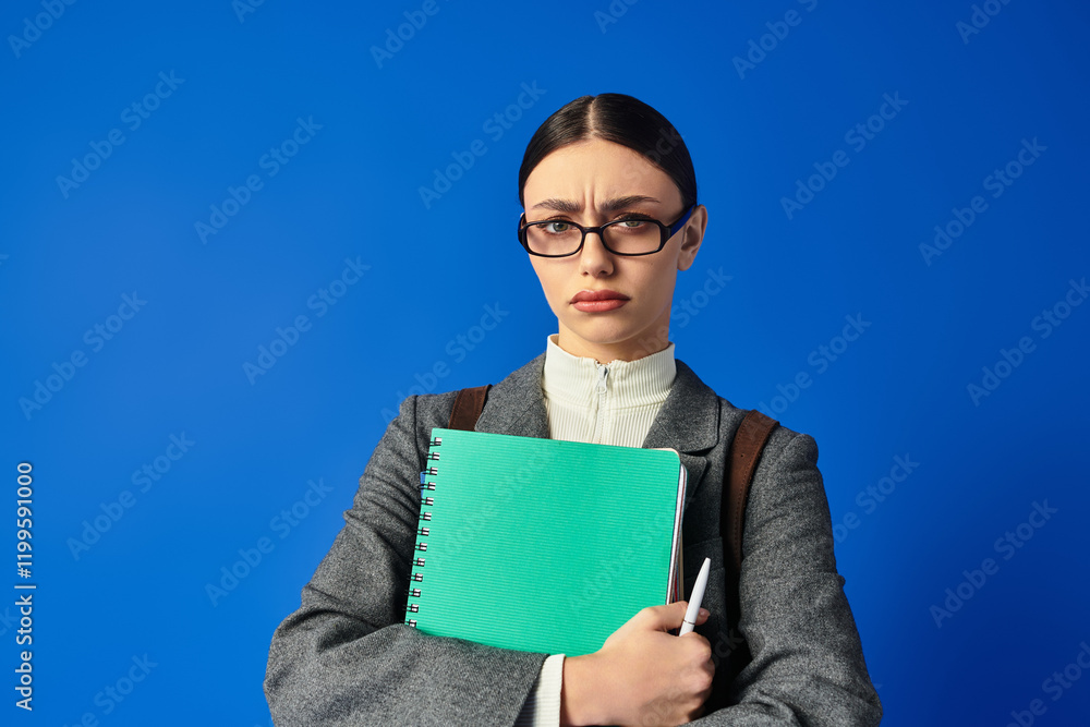 A young woman stands confidently with a notepad and pen, conveying a strong emotional presence. A young woman stands confidently with a notepad and pen, conveying a strong emotional presence.
