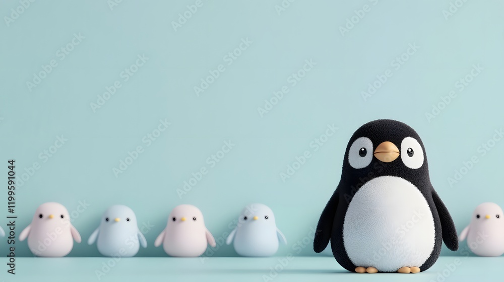 Fototapeta premium Cute Penguin Character Sliding on Pastel Icy Blue Surface in 3D