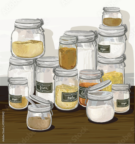 glass container for flour, sugar, pasta dry food spices free waste eco for storing bulk products at home. illustration isolated on kitchen desk and white background