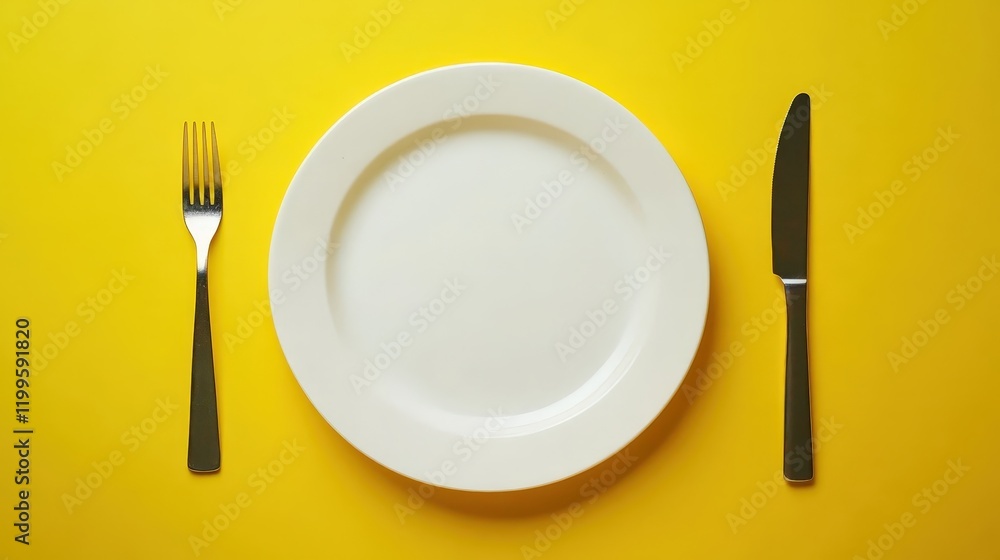 A simple table setting with a fork and knife beside a white plate. A simple table setting with a fork and knife beside a white plate.
