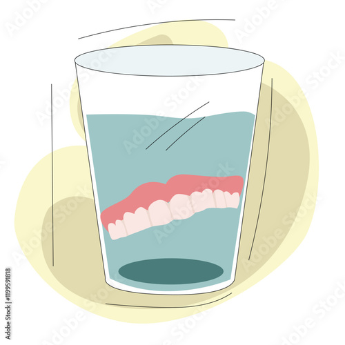 washing dentures with detergent.False teeth in water glass 