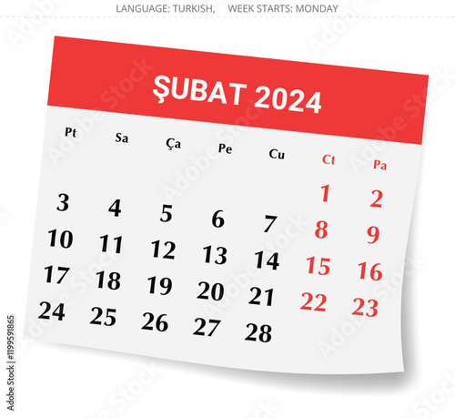 Turkish calendar for February 2025 - takvim. Vector illustration for winter month for Turkey. Paper page