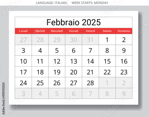 Italian calendar for february 2025 - calendario febbraio. Winter month paper page. Vector illustration for Italy