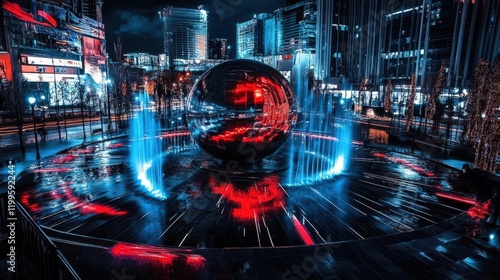 The enchanting illuminated sphere creates a vibrant focal point amidst an urban setting.