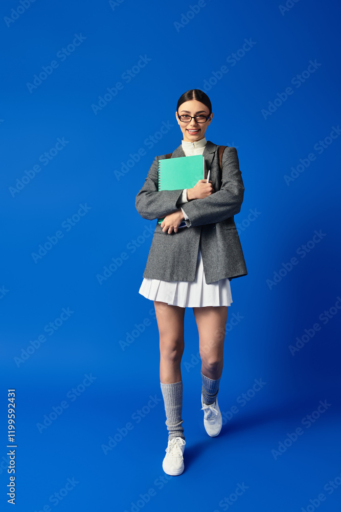 Confident young woman strides ahead with a notebook, exuding inspiration. Confident young woman strides ahead with a notebook, exuding inspiration.