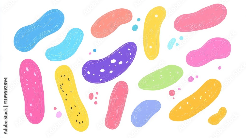 A collection of stylized bacteria shapes, flat vector art, bright contrasting colors, isolated on white background A collection of stylized bacteria shapes, flat vector art, bright contrasting colors, isolated on white background