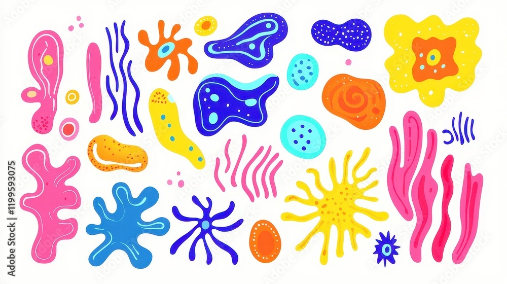 Fototapeta premium A collection of stylized bacteria shapes, flat vector art, bright contrasting colors, isolated on white background 
