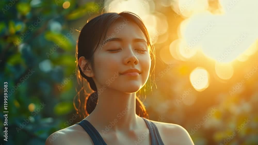 Peaceful Serenity: A young woman finds tranquility amidst nature, her eyes closed in peaceful meditation as golden sunlight bathes her face. Peaceful Serenity: A young woman finds tranquility amidst nature, her eyes closed in peaceful meditation as golden sunlight bathes her face.
