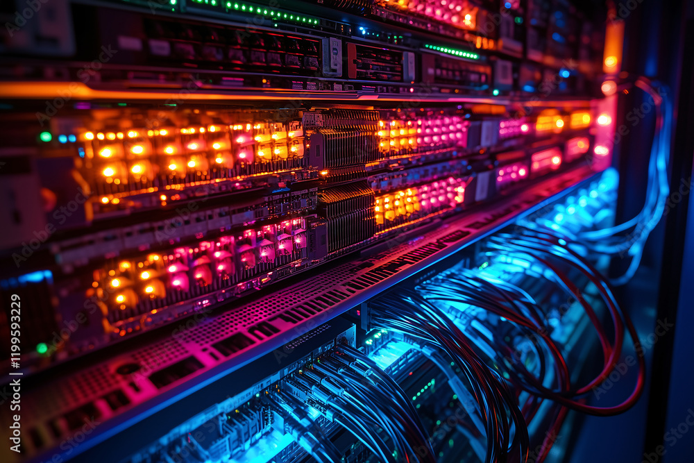 Glowing data center servers with fiber optic connections Glowing data center servers with fiber optic connections