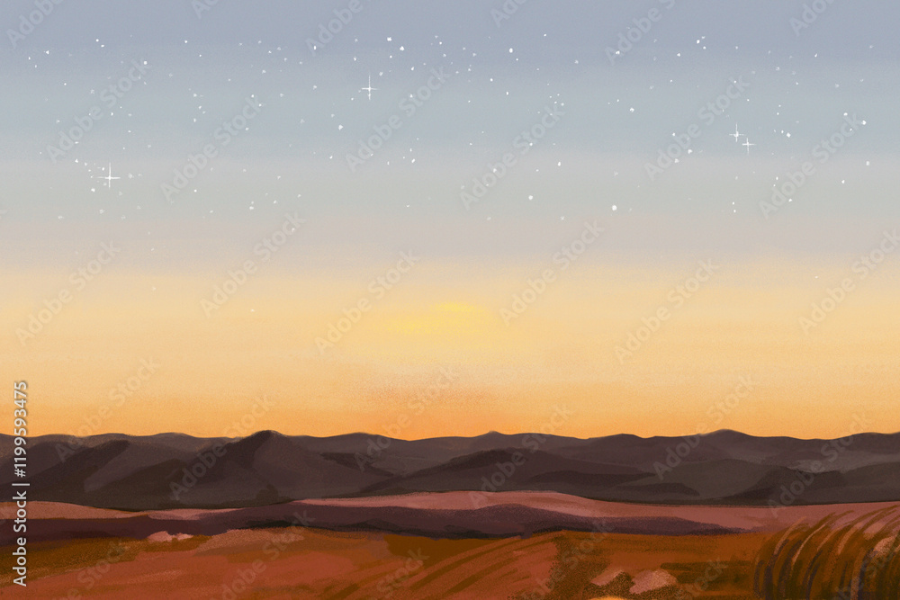 Sunset desert landscape background illustration, painting Sunset desert landscape background illustration, painting