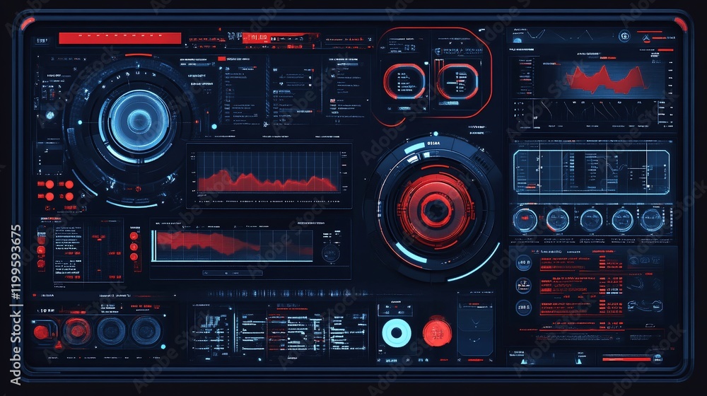 Futuristic Tech Interface: Red and Blue Digital Dashboard Display Futuristic Tech Interface: Red and Blue Digital Dashboard Display