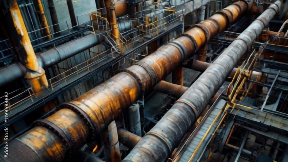 Exploration of an oil production facility showcasing complex piping systems and industrial machinery. The scene captures the inner workings of oil processing operations in a modern plant