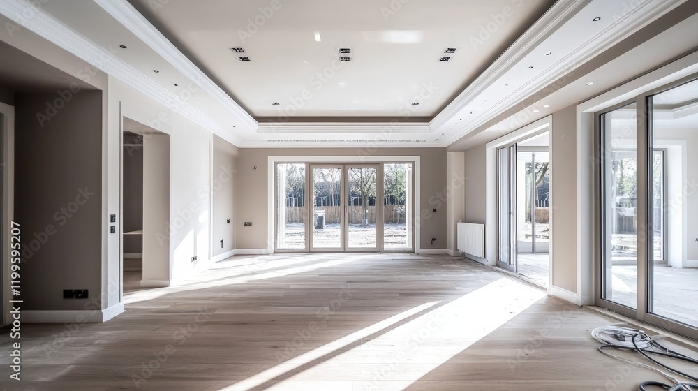 Fototapeta premium Freshly finished walls and ceiling in a vacant living area.