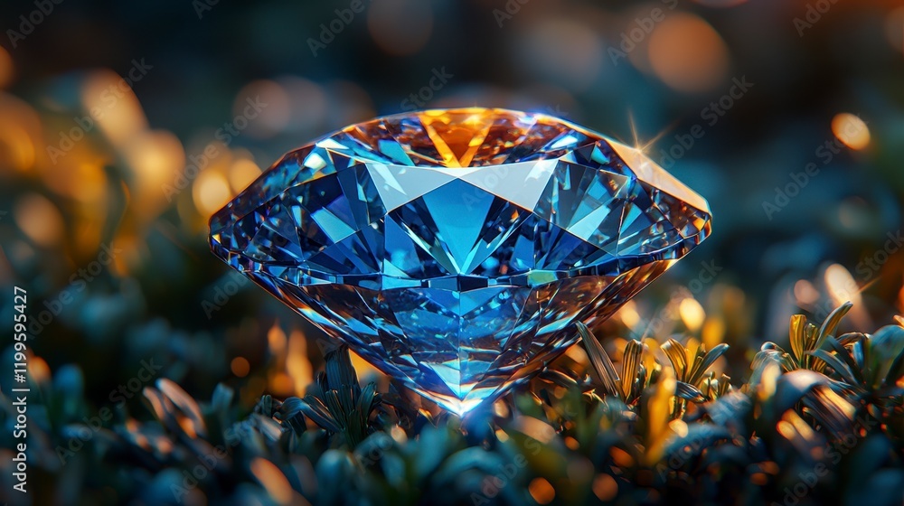 Close-up of a brilliant blue diamond resting on a bed of green foliage, illuminated by warm light. Close-up of a brilliant blue diamond resting on a bed of green foliage, illuminated by warm light.