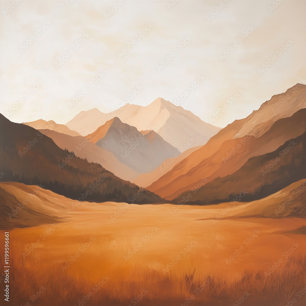 Naklejka premium Peaceful mountain valley drenched in warm sunset tones on white backdrop 