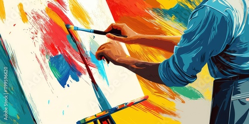 A vector-style graphic of a painter holding a paintbrush, creating artwork on a canvas.