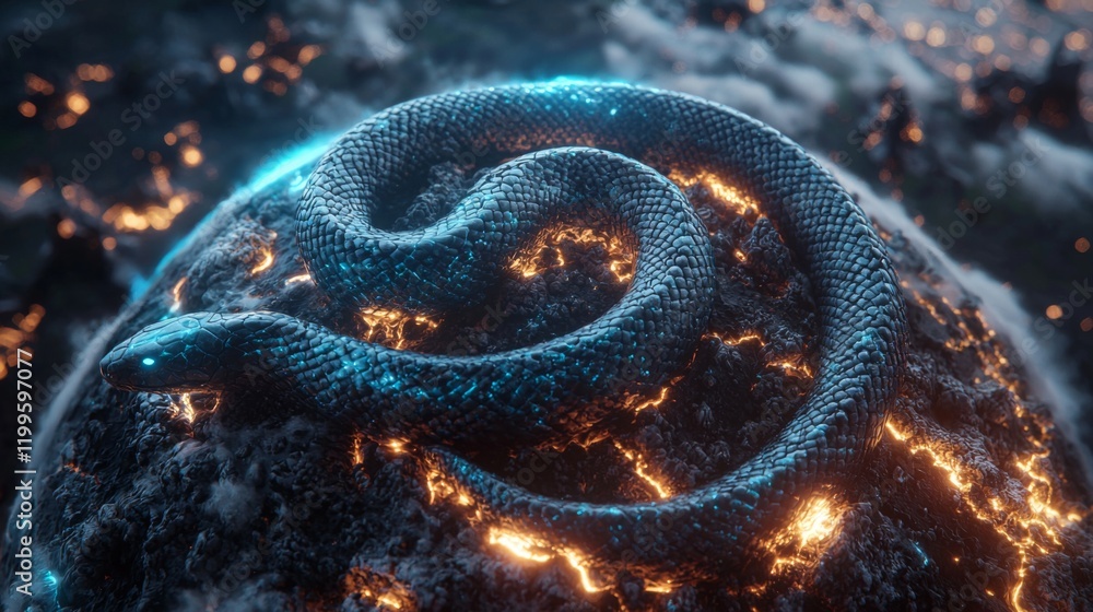 Mystical Dark Serpent Coiled on Volcanic Rock Glowing Lava Digital Art