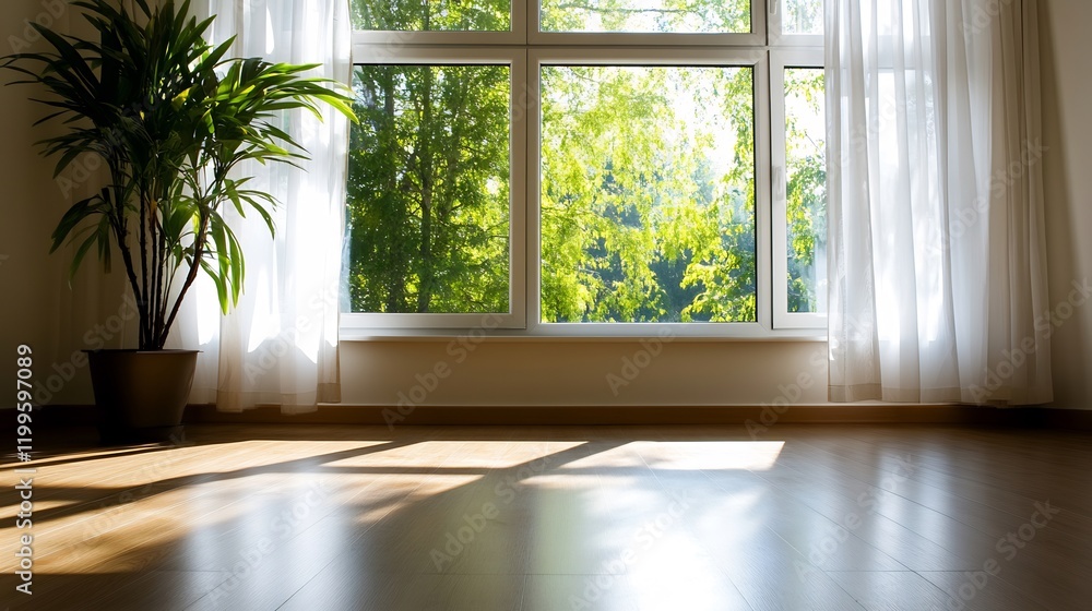 Fototapeta premium Sunlight Streaming Through Window, Illuminating Room's Hardwood Floor and Plant