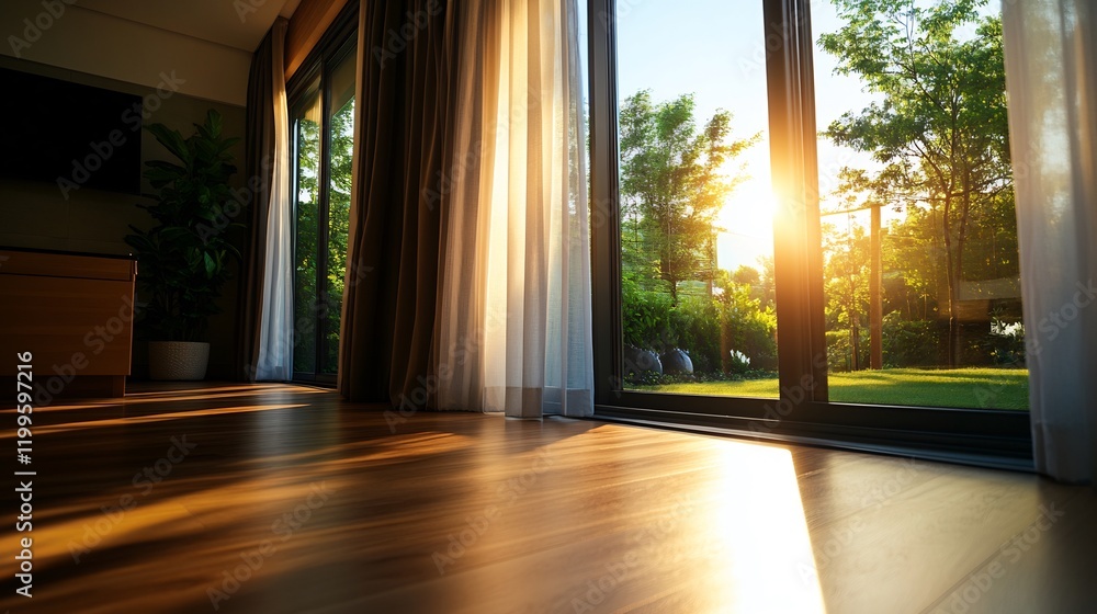 Fototapeta premium Golden Hour Serenity: Sunlight Streaming Through Modern Home Windows