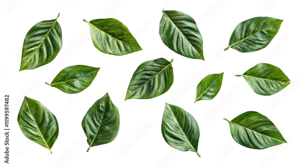 Naklejka premium Collection of fresh green leaves arranged artistically on a white background, ideal for nature-themed projects and graphic designs.