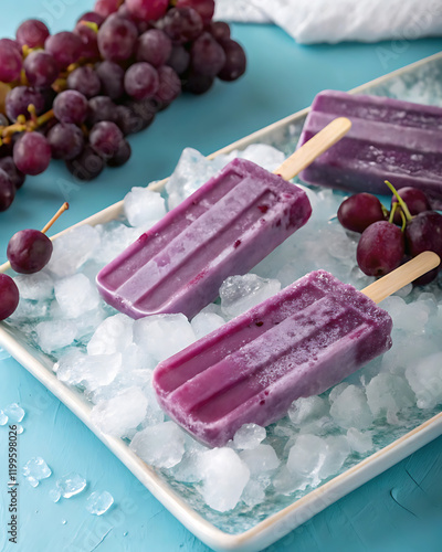 Refreshing grape popsicles on ice for national grape popsicle day celebration.