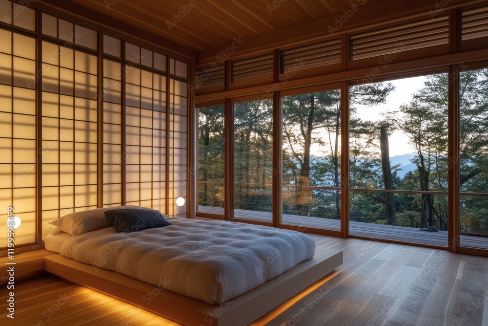 Serene Minimalist Bedroom With Panoramic Forest View Serene Minimalist Bedroom With Panoramic Forest View