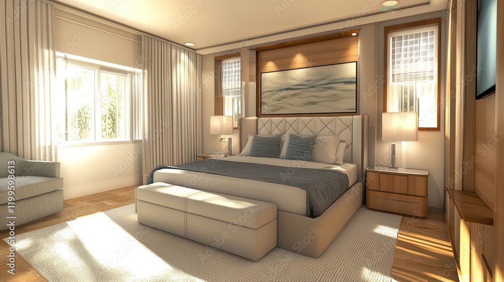 Fototapeta premium Modern bedroom interior with large bed, soft lighting, and elegant decor
