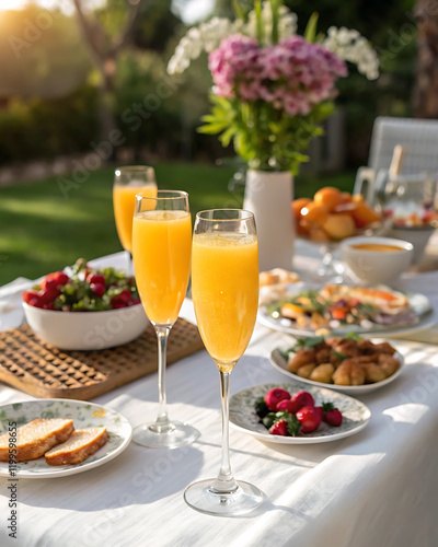 Celebration brunch with mimosas and champagne flutes in a sunny garden setting.