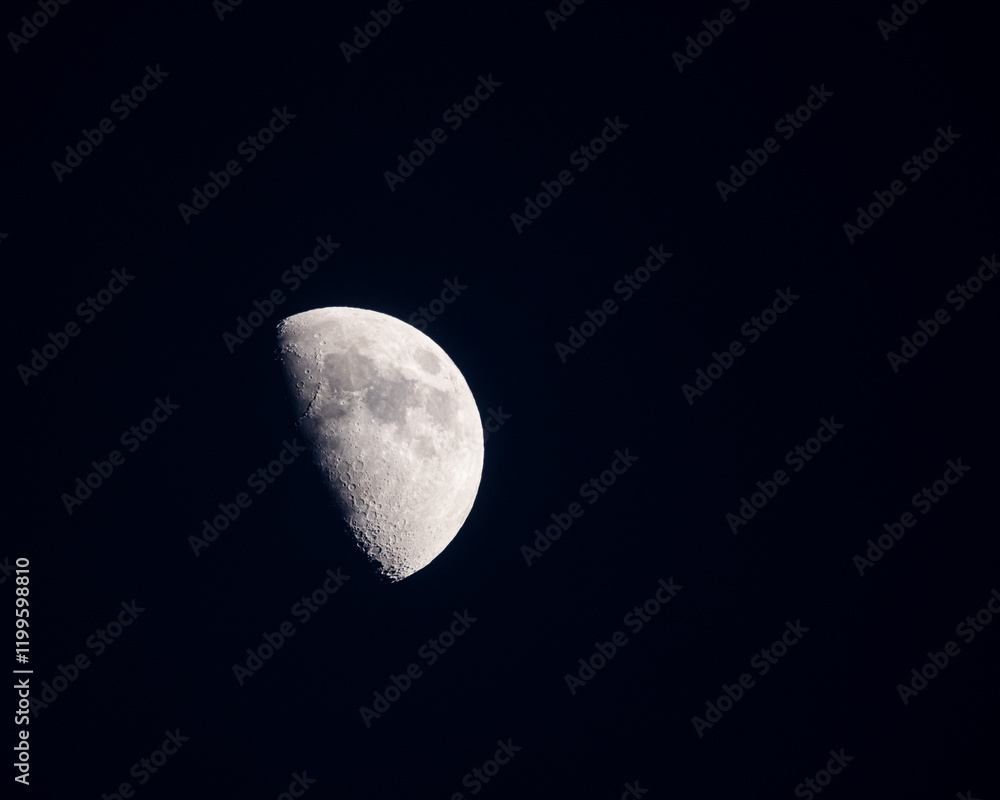 The first quarter moon in early January of 2025. Many of the moons maria, or seas, and craters are visible. Also visible are the Apollo 11, 16, and 17 landing sites and the Mare Tranquillitatis. The first quarter moon in early January of 2025. Many of the moons maria, or seas, and craters are visible. Also visible are the Apollo 11, 16, and 17 landing sites and the Mare Tranquillitatis.