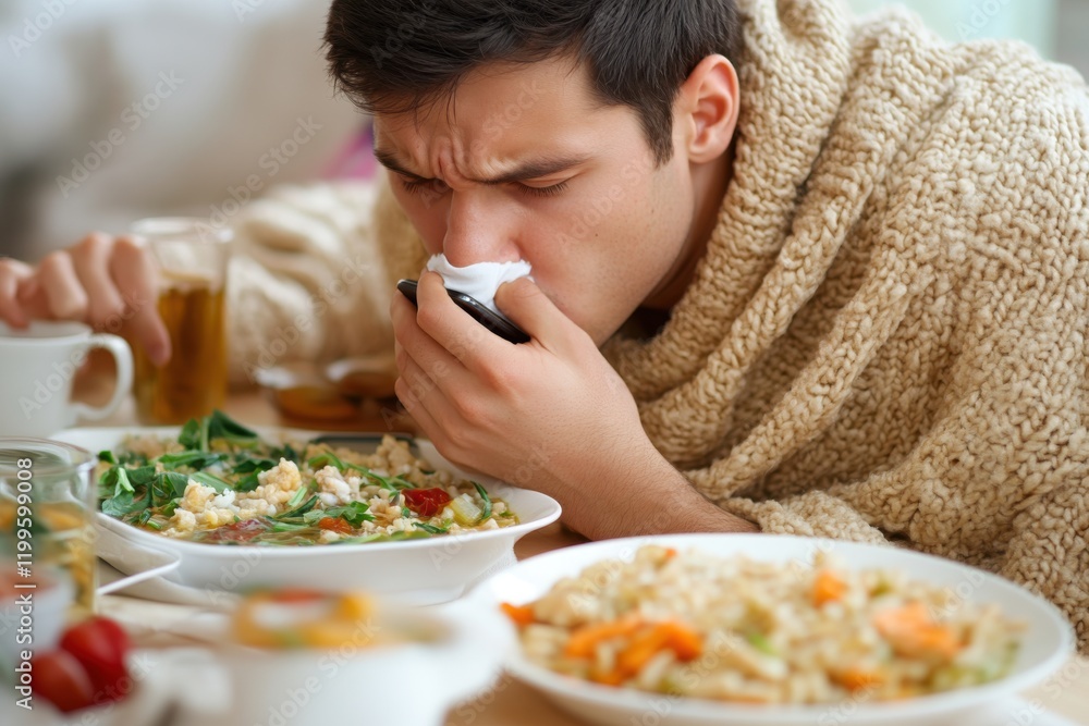 Sick man sitting at desk coughing working, phone call, blowing running nose, suffer from flu or cold at home, ill male worker feels unhealthy struggle with influenza under blanket, employee healthcare Sick man sitting at desk coughing working, phone call, blowing running nose, suffer from flu or cold at home, ill male worker feels unhealthy struggle with influenza under blanket, employee healthcare