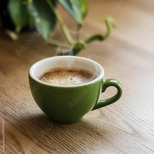 A photo of a green coffee cup with a steaming beverage inside. The cup is placed on a wooden surface. There's a

green plant in the background. The lighting is soft.