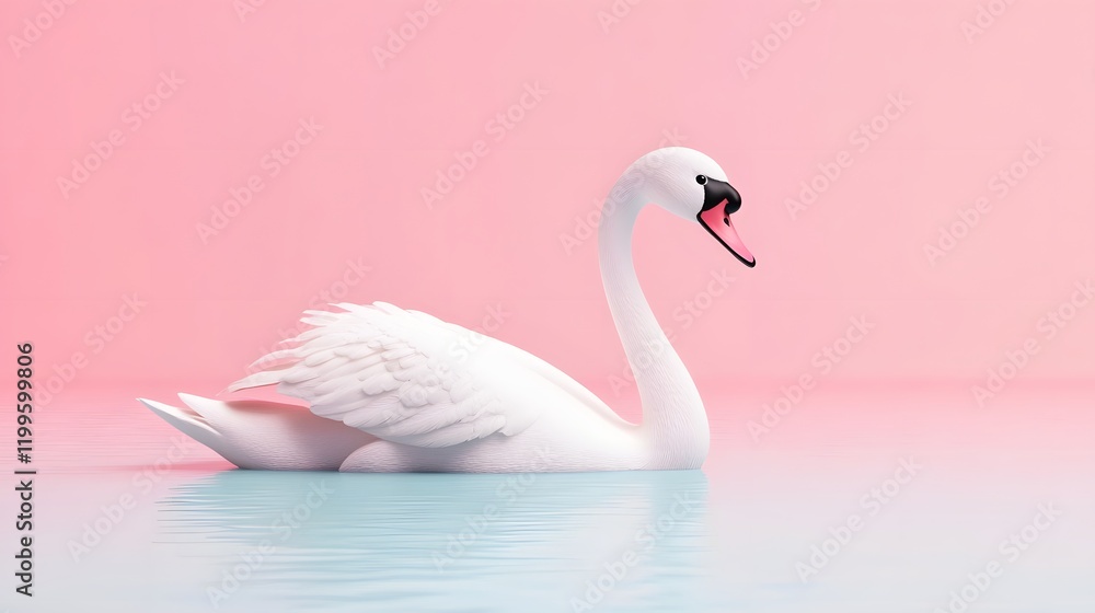 Fototapeta premium Elegant Swan Gliding on a Pastel-Hued Lake Surface in 3D