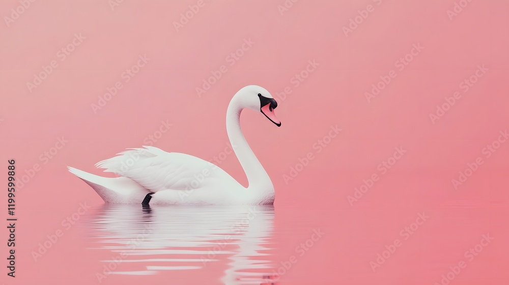 Fototapeta premium Elegant Swan Gliding on Pastel Pink Lake Surface in 3D