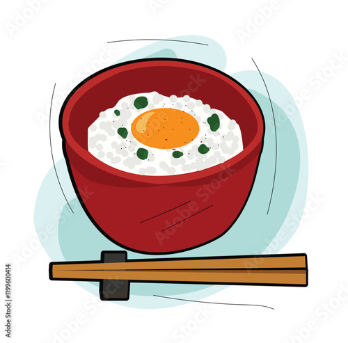 raw egg-covered rice. egg on rice with chopsticks