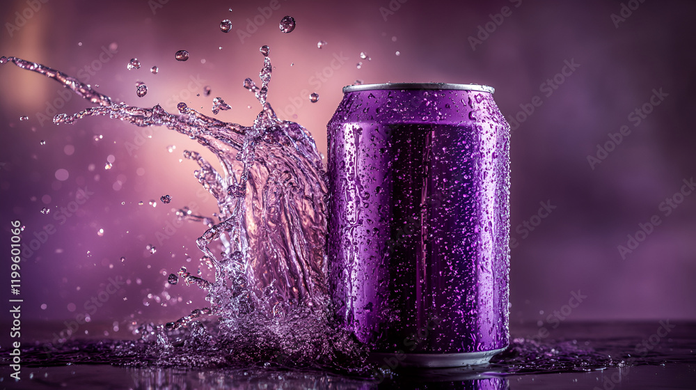 Purple color soda can with juice splash Purple color soda can with juice splash