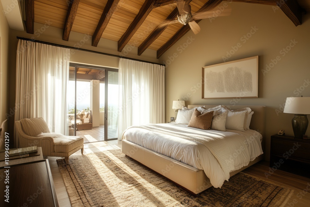 Fototapeta premium Luxurious Master Bedroom With Ocean View And Wooden Beams